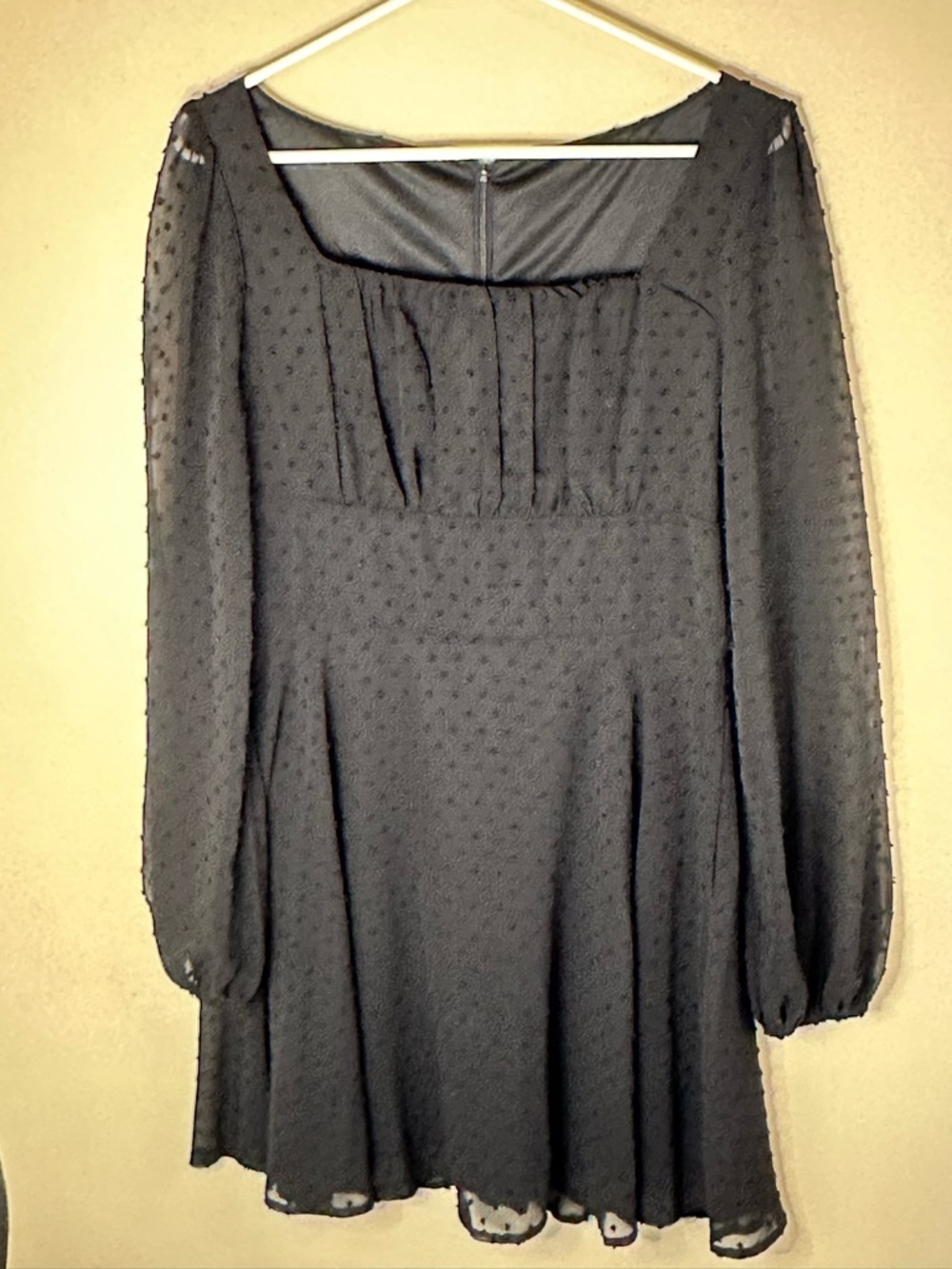 Black Sheer Long Sleeve Dress Square Neck Swiss Dot Chiffon - LARGE
